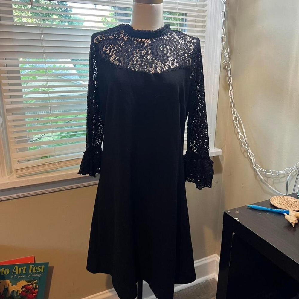 Vintage Black Worthington Lace‎ Dress Long Sleeve Gothic Party Cocktail Midi
